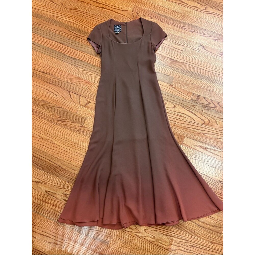 Vintage 90s Cynthia Rowley Brown Rayon Maxi Dress Size 6 Square Neck Fit Flare
